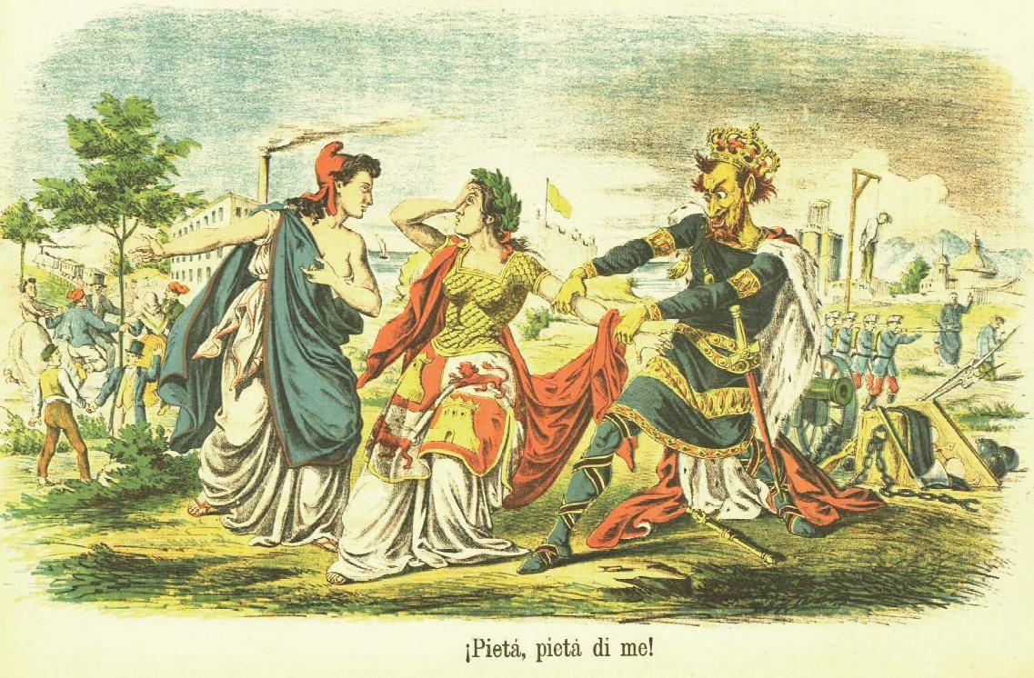 Alegoría de España indecisa entre la Monarquía y la República. Revista La Flaca, 15 de mayo de 1865