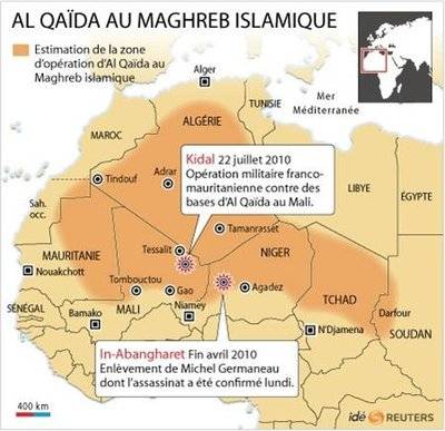 Zona de acción de AQMI (Al Qaeda del Magreb Islámico)