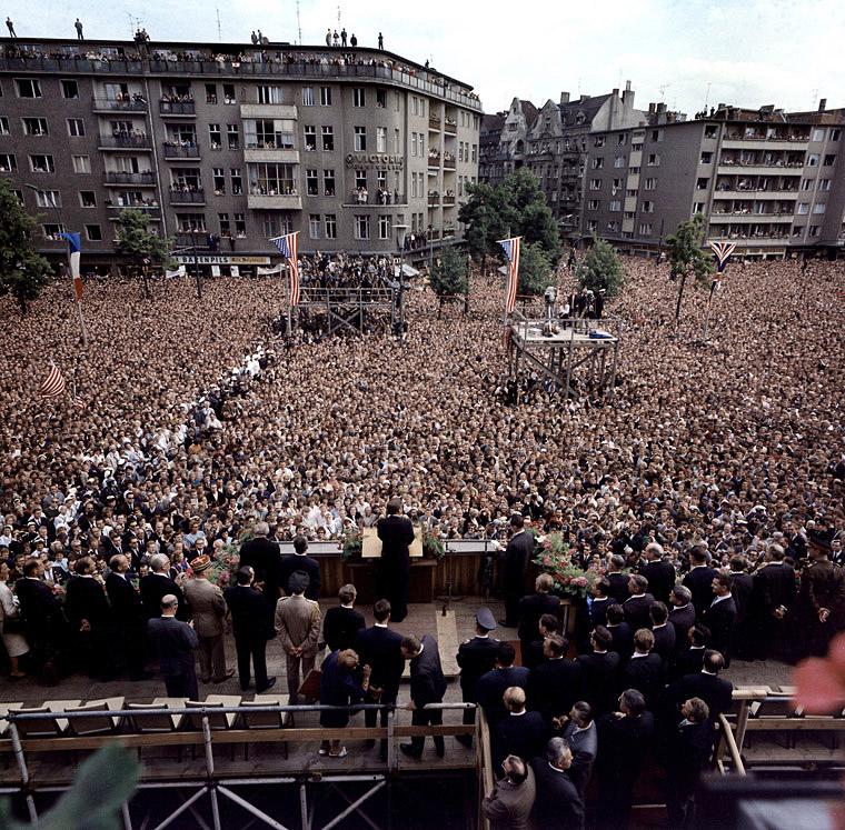 KN-C29248 26 June 1963 President Kennedy's address to the people of Berlin. Rudolph Wilde Platz, West Berlin, Federal Republic of Germany. Photograph by Robert Knudsen, White House, in the John F. Kennedy Presidential Library and Museum, Boston.